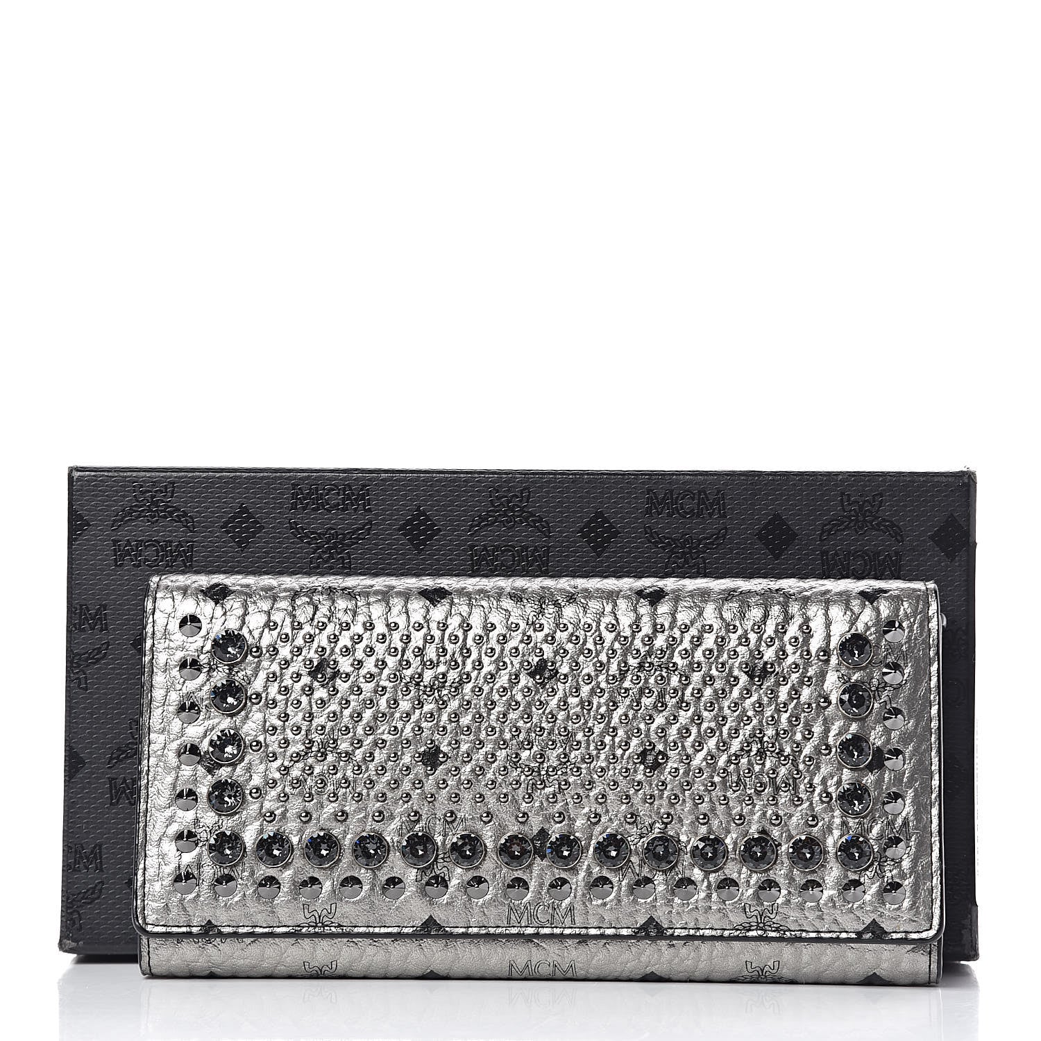 MCM Metallic Visetos Swarovski Crystal Studded Flap Wallet Silver 9 of 9