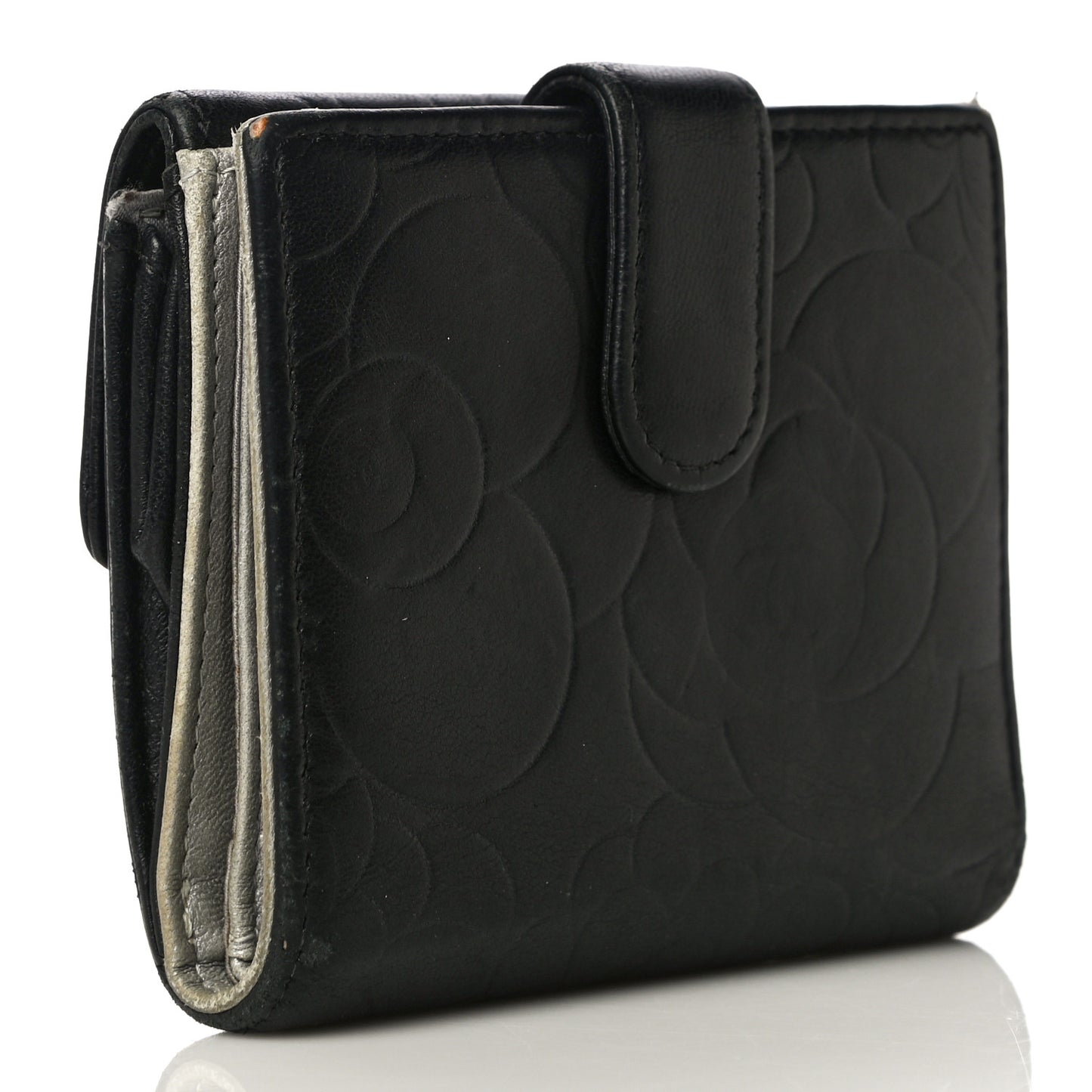 Lambskin Embossed Camellia French Wallet Black