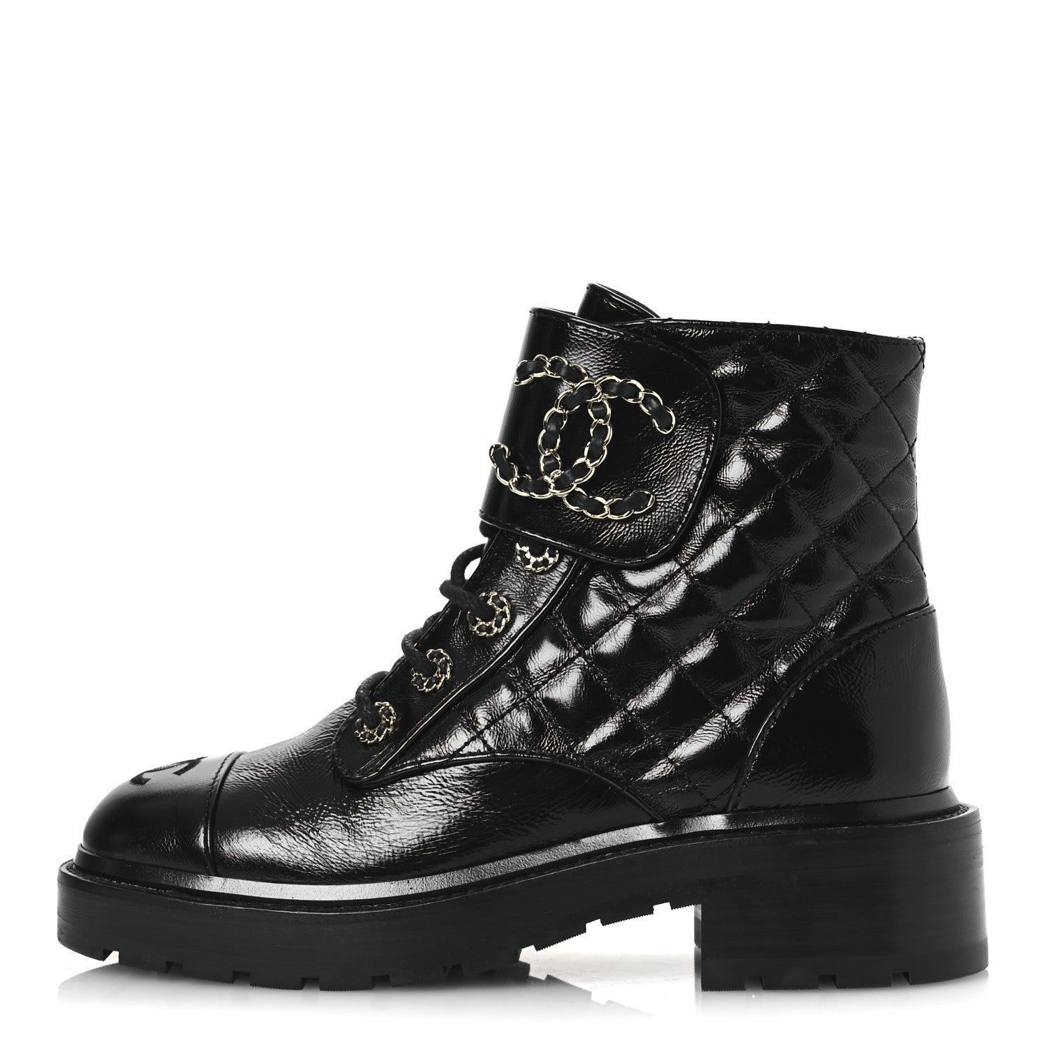 Chanel Shiny Calfskin Quilted Lace Up Combat Boots 36 Black 1 of 12