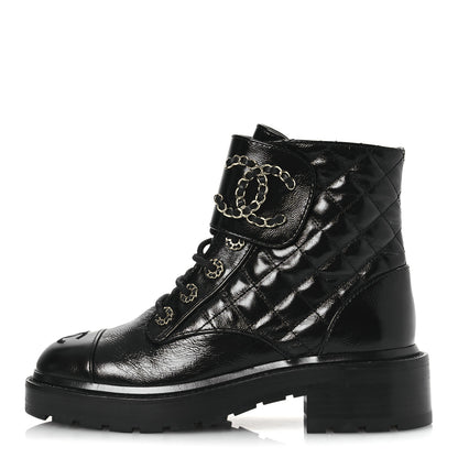 Chanel Shiny Calfskin Quilted Lace Up Combat Boots 36 Black 1 of 12