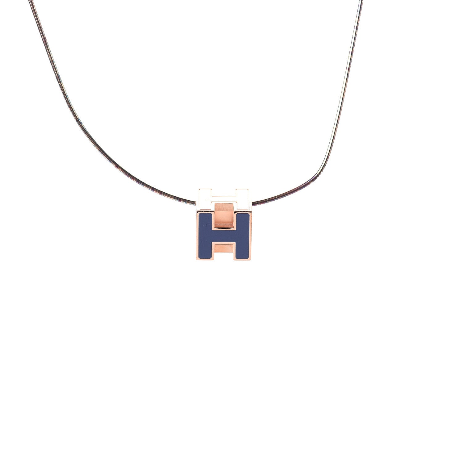 Hermes Rose Gold Lacquered Cage d'H Pendant Necklace Marine 2 of 11
