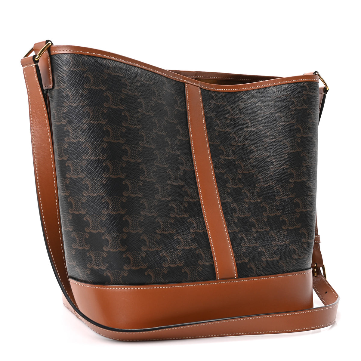 Triomphe Canvas Calfskin Medium Bucket Bag Tan