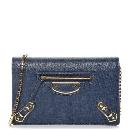 Balenciaga Chevre Gold Metallic Edge Hardware Wallet on Chain Bleu Nuit 1 of 7