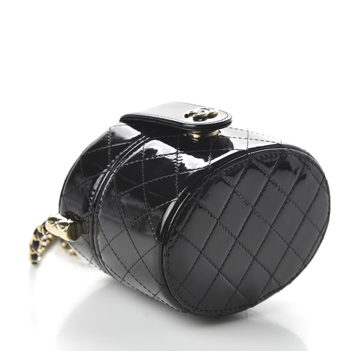 Patent Quilted Round Mini Vanity With Chain Black