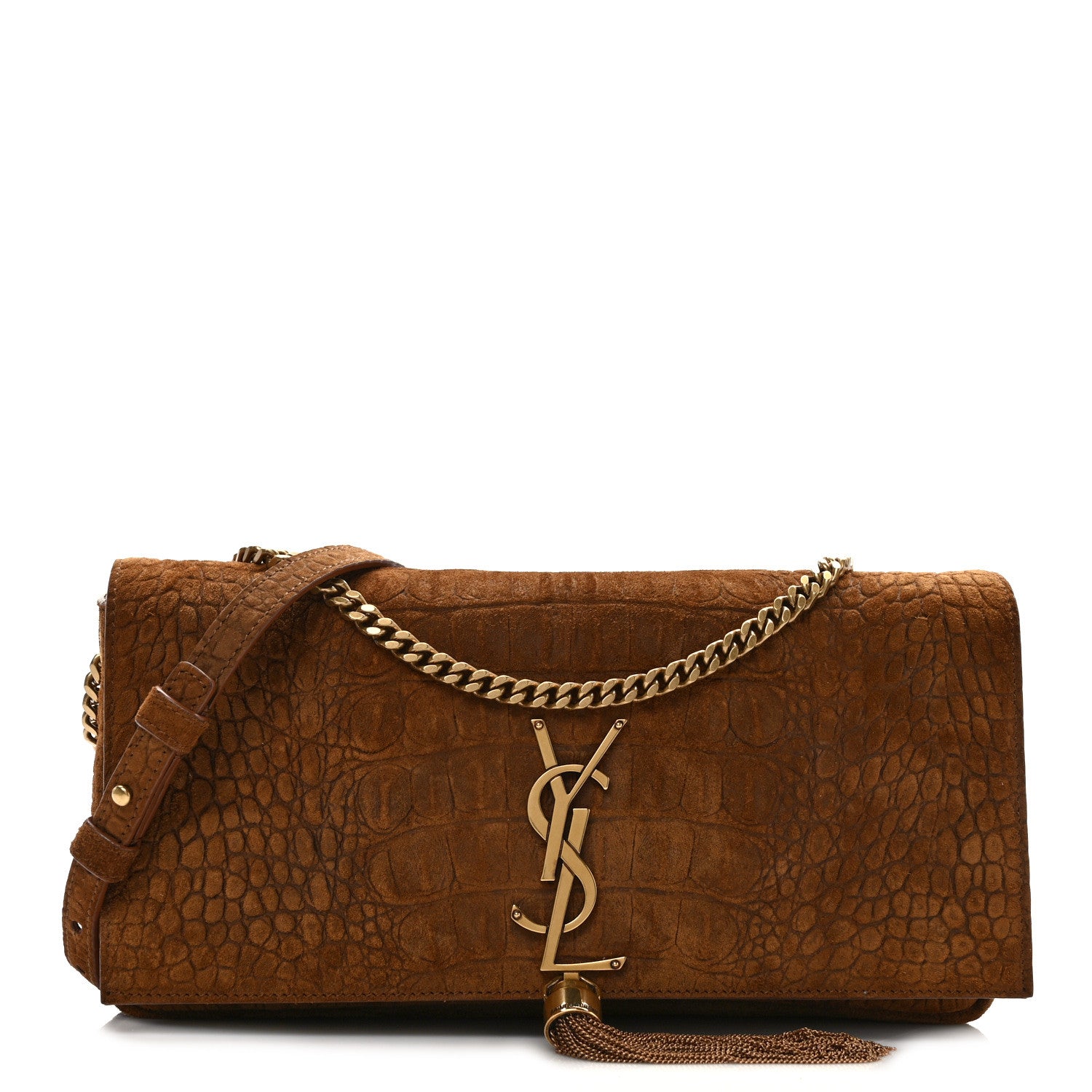 Saint Laurent Crocodile Embossed Suede Monogram Tassel Kate 99 Tan 1 of 13