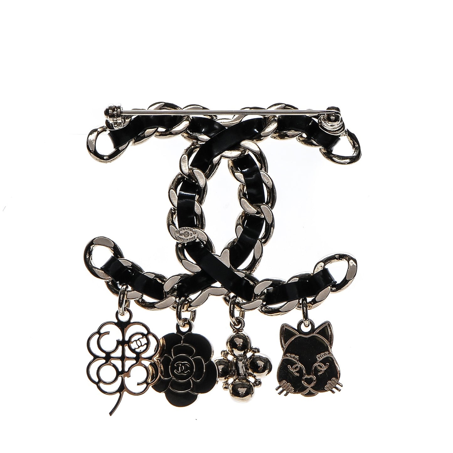 Lambskin Crystal Chain CC Charms Brooch Black Gold