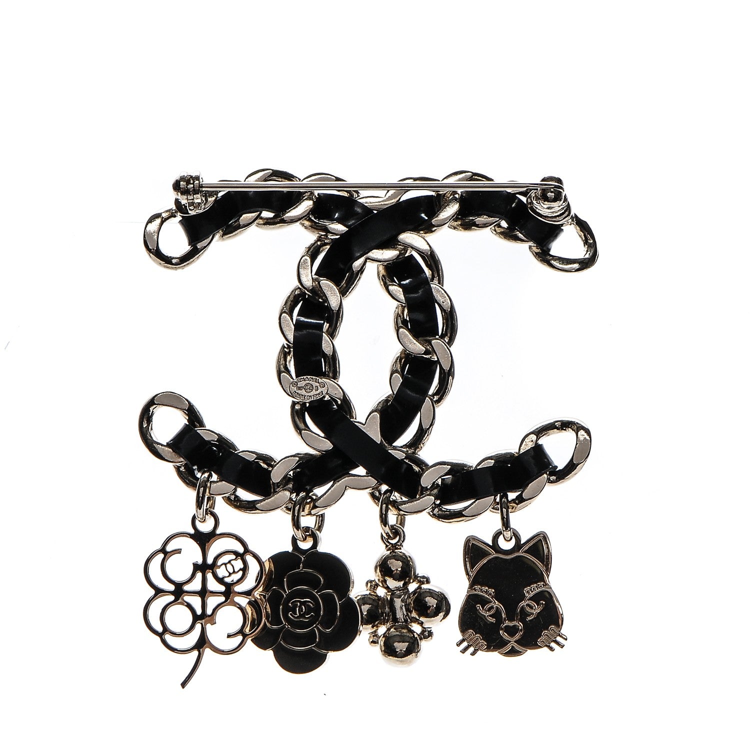 Chanel Lambskin Crystal Chain CC Charms Brooch Black Gold 3 of 5