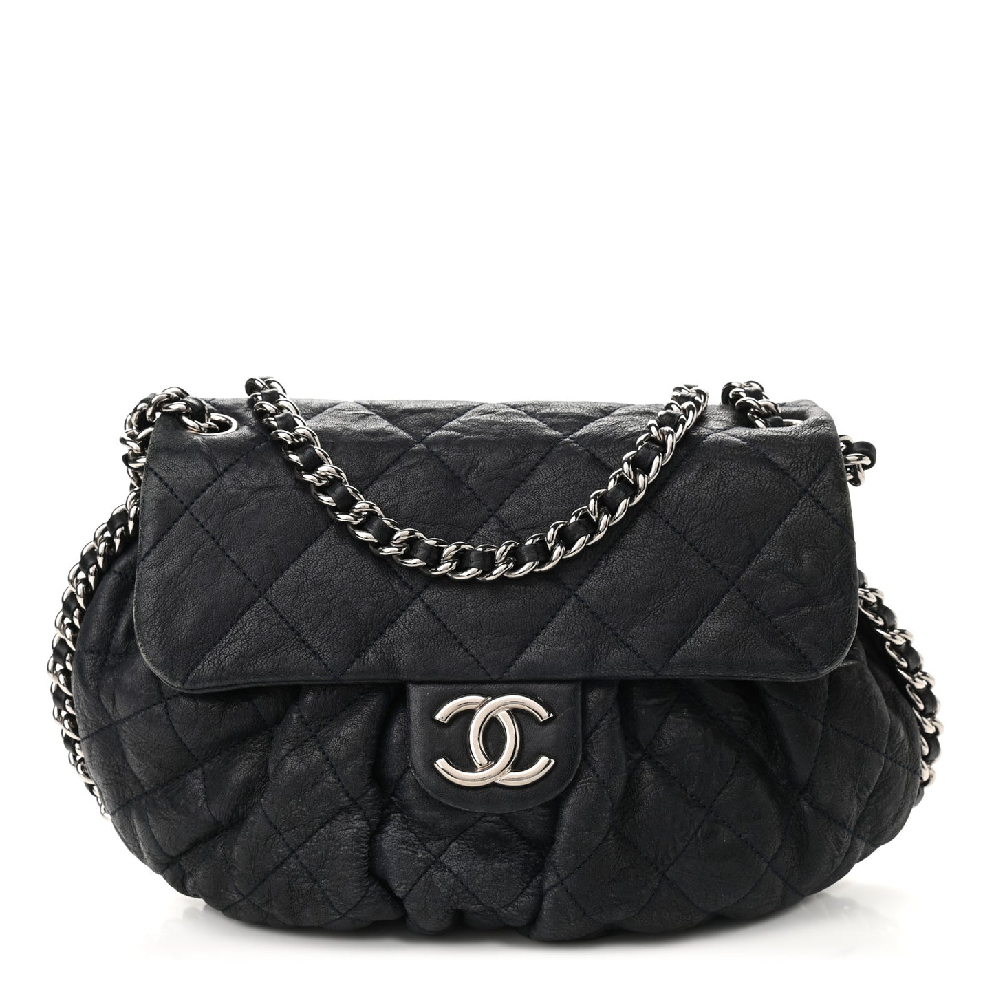 Washed Lambskin Quilted Medium Chain Around Flap Navy