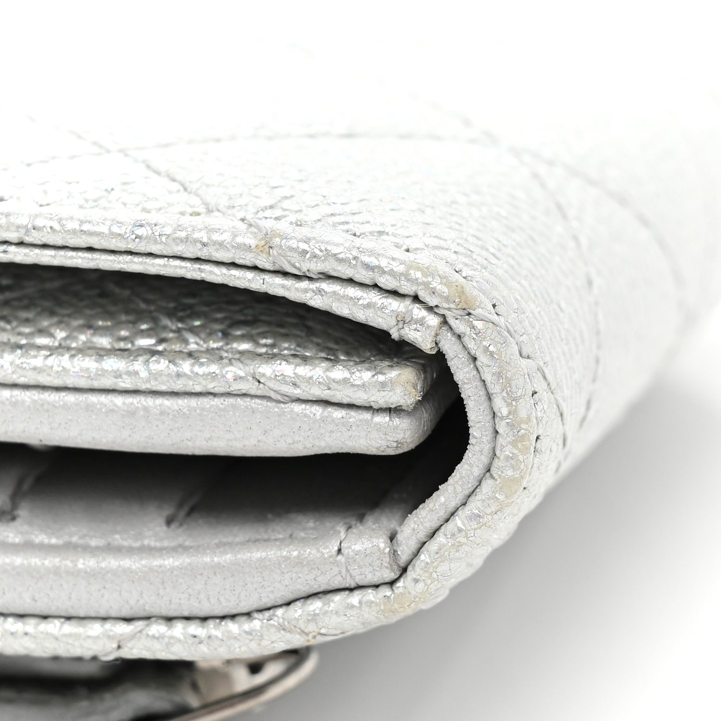 Metallic Caviar Quilted Compact Flap Wallet Silver