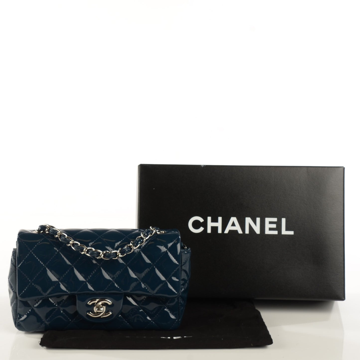 Patent Calfskin Quilted Mini Rectangular Flap Navy Blue