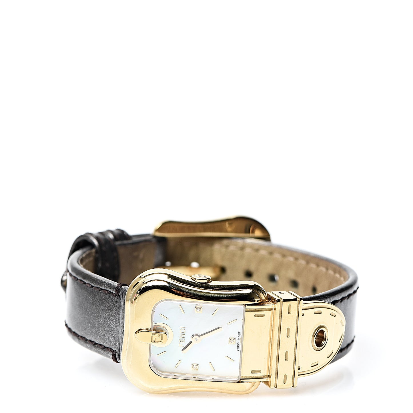 Stainless Steel Calfskin Diamond Mother of Pearl 22mm B.Fendi Buckle Quartz Watch