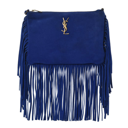 Saint Laurent Suede Calfskin Small Fringe Crossbody Bag Blue 1 of 13