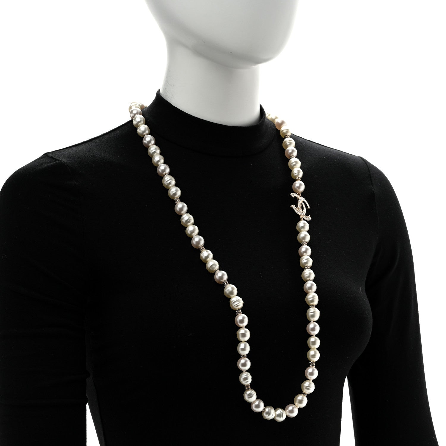 Chanel Pearl Crystal CC Necklace Light Gold 2 of 5