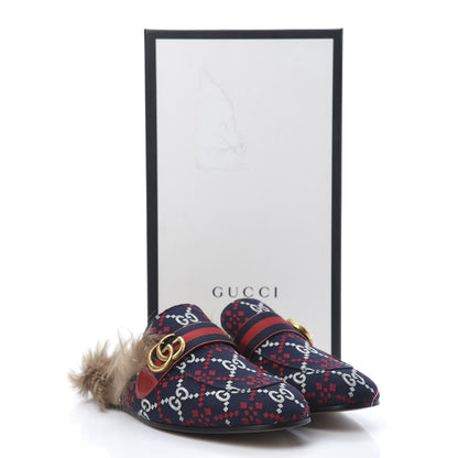 Gucci Canvas GG Monogram Diamond Fur Web GG Mens Princetown Slippers 8.5 Midnight Blue Hibiscus Red 8 of 8