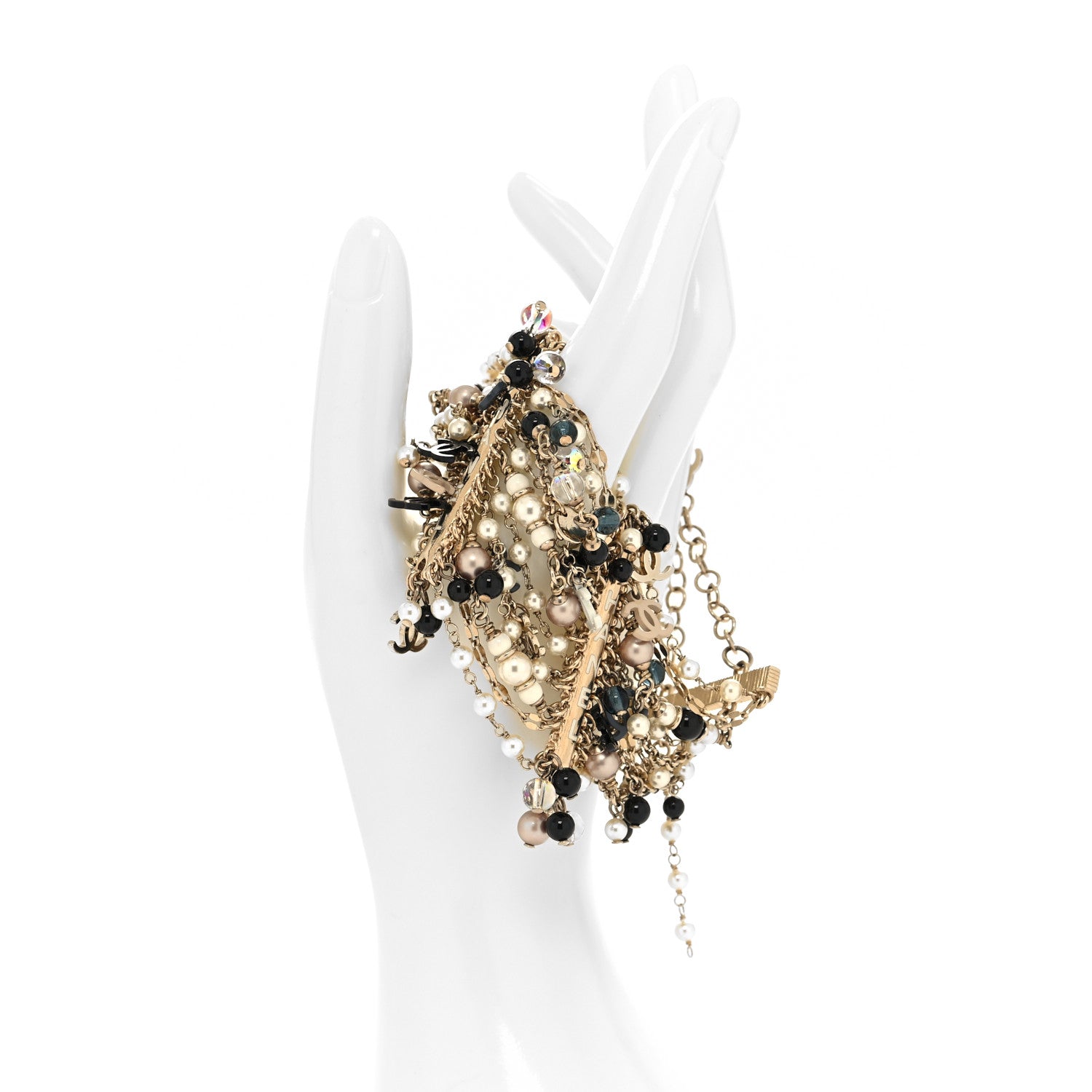 Chanel Pearl Bead Crystal CC Multi Strand Chain Bracelet Black White Gold 2 of 5