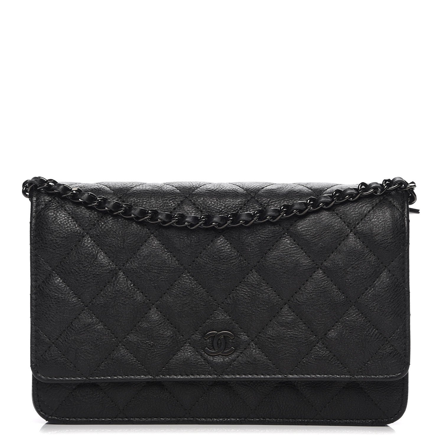 Chanel Crumpled Calfskin Quilted Wallet On Chain WOC So Black 1 of 9
