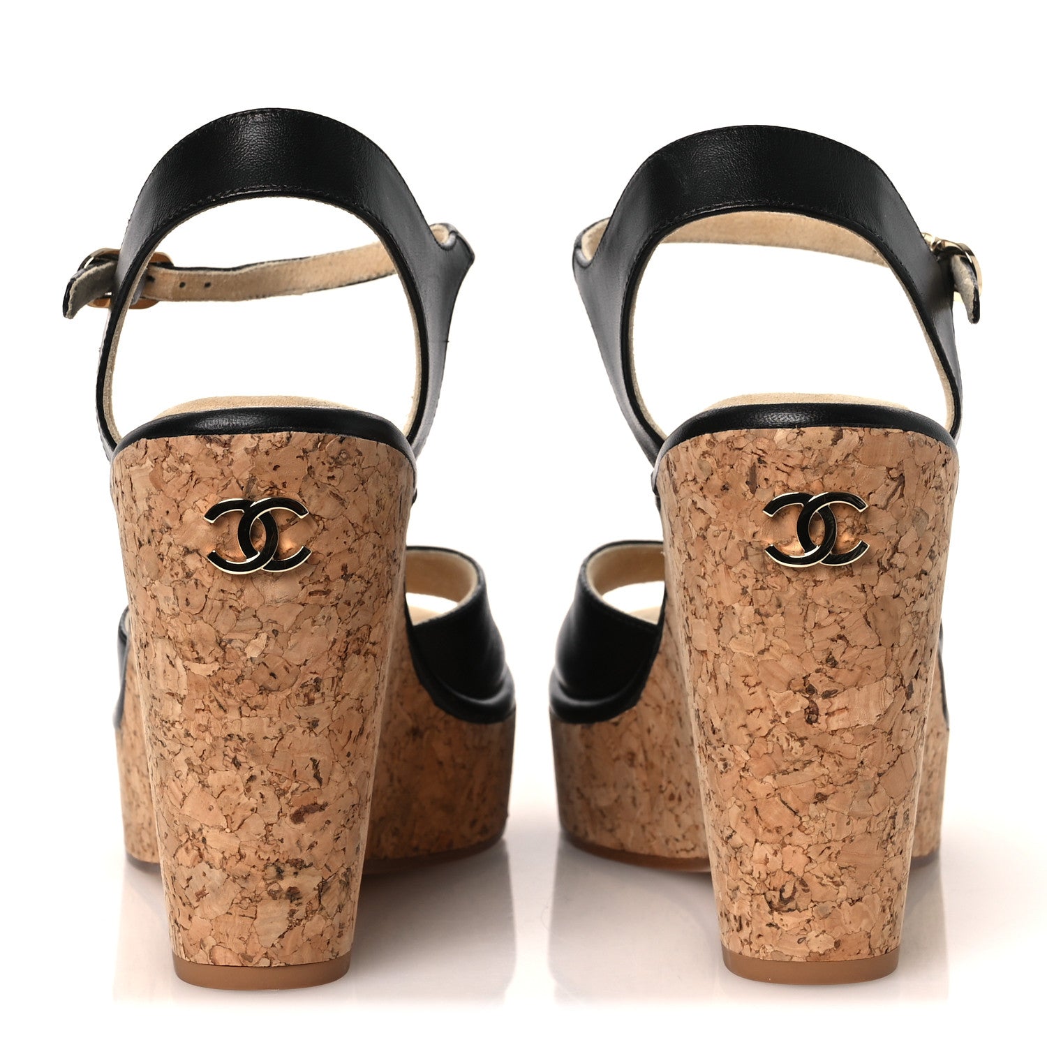 Chanel Shiny Lambskin Cork Wedge Sandals 40 Black 6 of 11