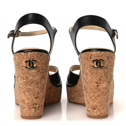 Chanel Shiny Lambskin Cork Wedge Sandals 40 Black 6 of 11