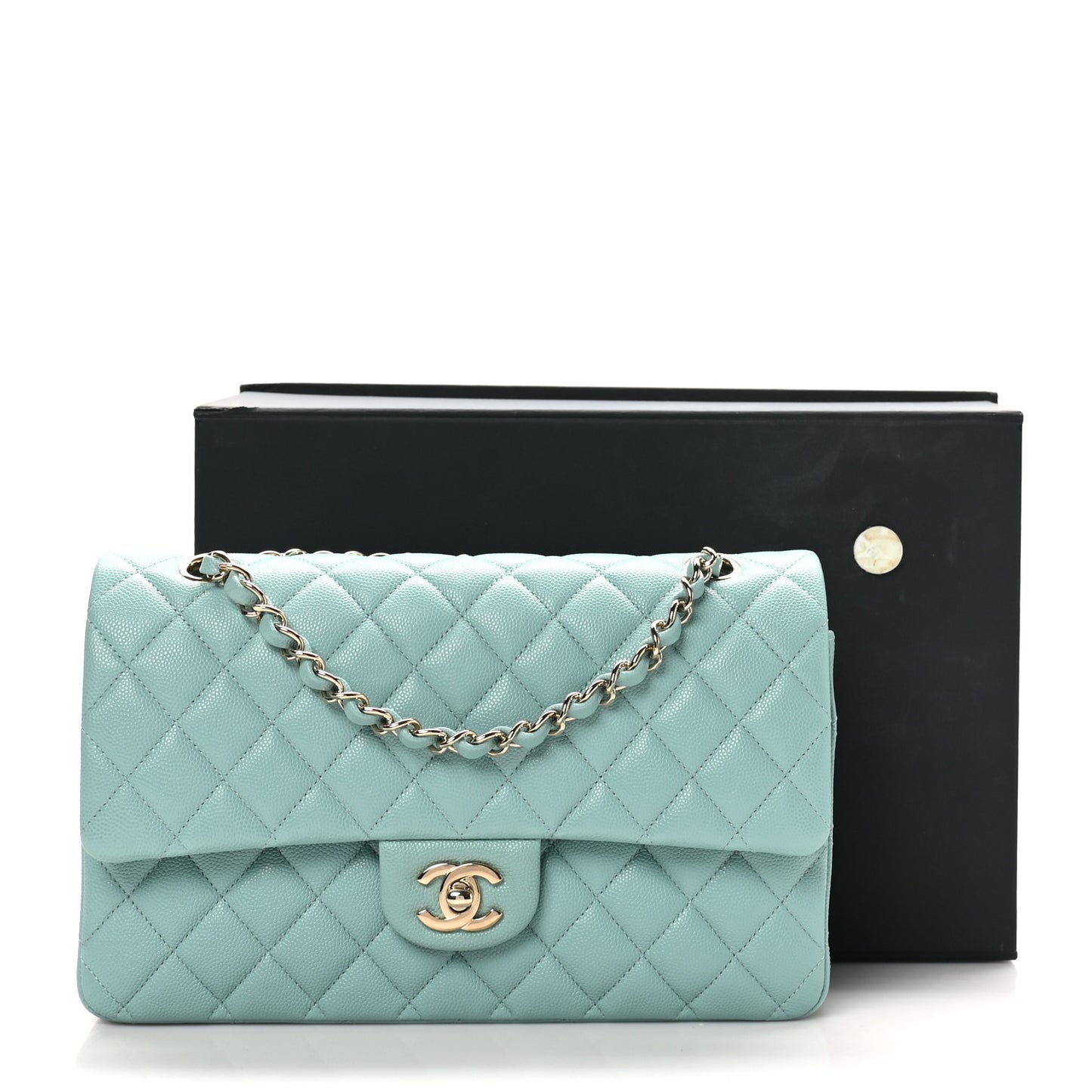 Caviar Quilted Medium Double Flap Light Blue