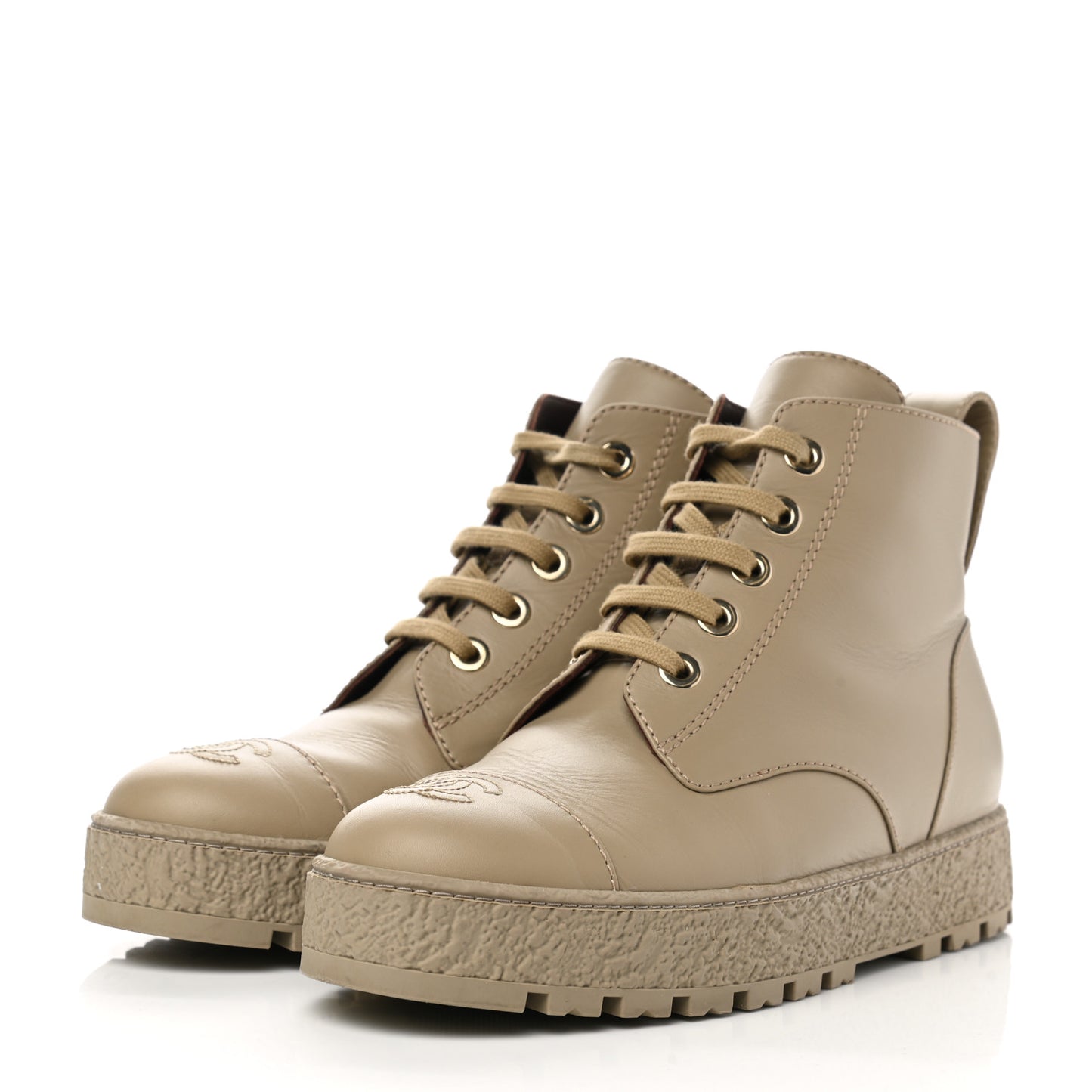 Calfskin CC Turnlock Lace Up Boots 40 Beige