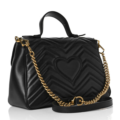 Gucci Calfskin Matelasse Small GG Marmont Top Handle Shoulder Bag Black 2 of 9