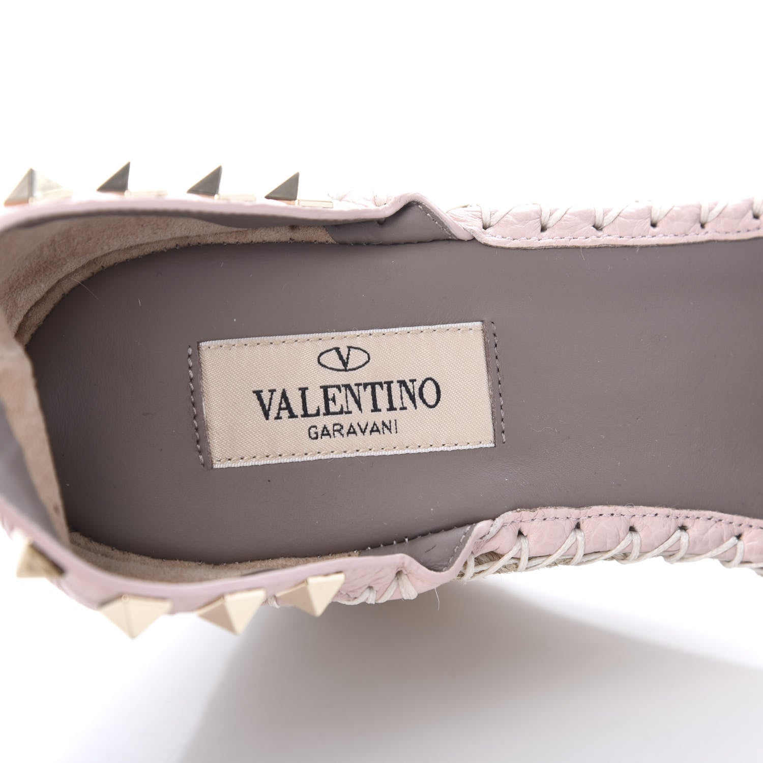 Valentino Garavani Grained Calfskin Rockstud Ankle Strap Espadrille 15/105mm Wedge Sandals 39 Rose Quartz Natural 7 of 9