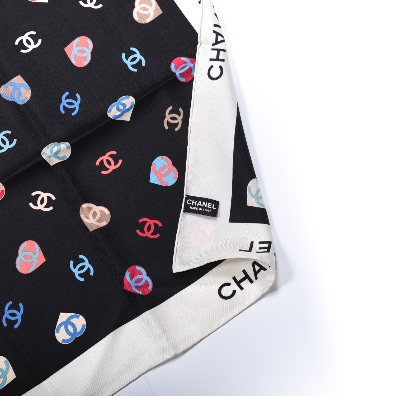 Chanel Silk Twill Heart CC Square Scarf Ecru Black 2 of 4