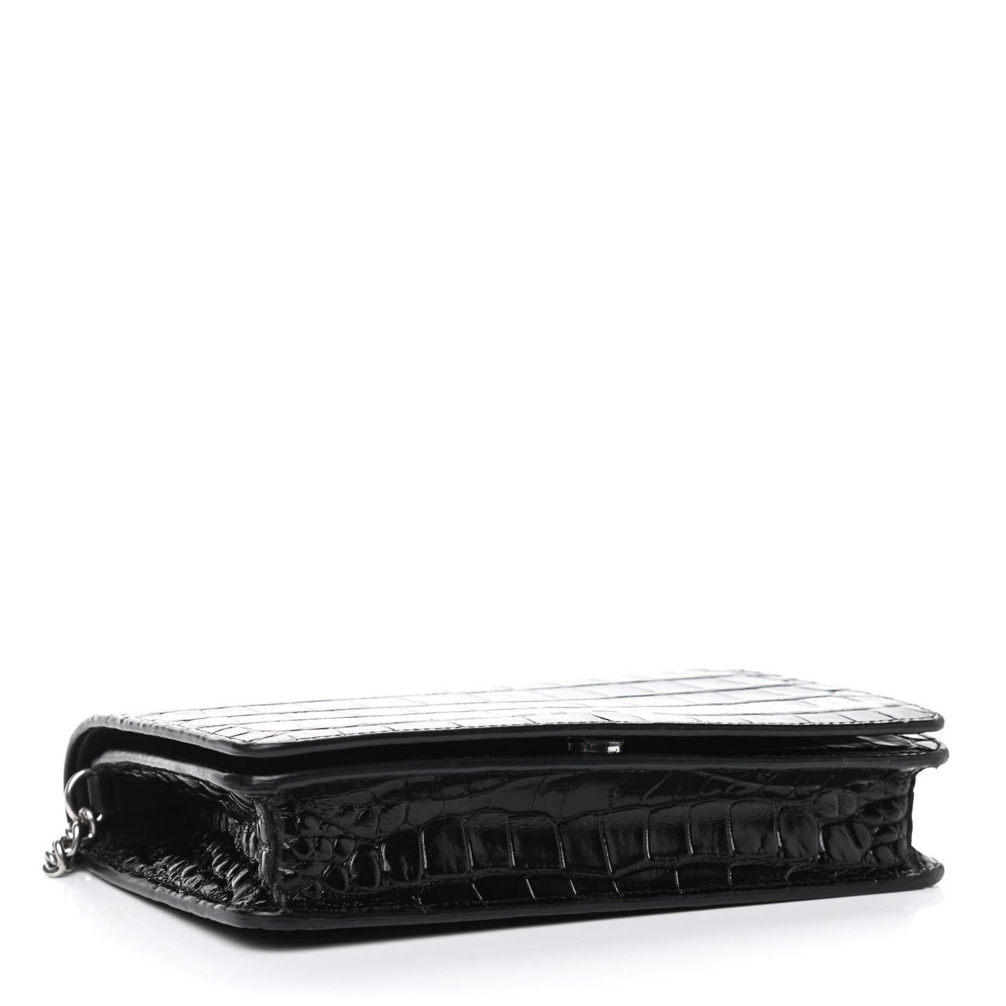 Shiny Calfskin Logo Crocodile Embossed Ville Wallet on Chain Black
