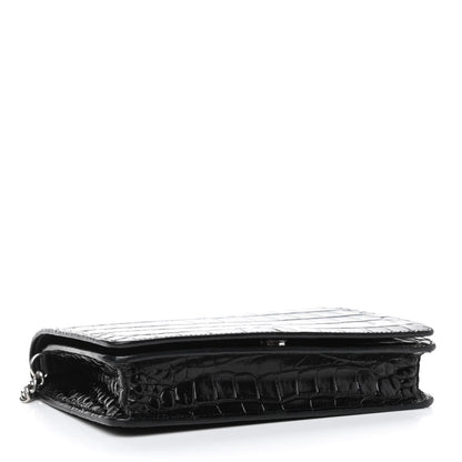 Balenciaga Shiny Calfskin Logo Crocodile Embossed Ville Wallet on Chain Black 4 of 5