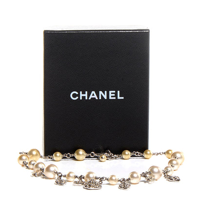 Chanel Crystal Pearl Camellia Charm Necklace Silver 6 of 6