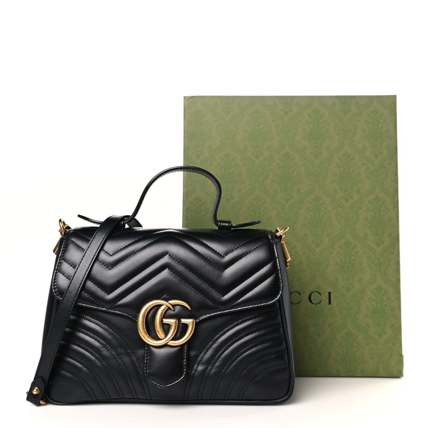 Gucci Calfskin Matelasse Small GG Marmont Top Handle Shoulder Bag Black 9 of 9