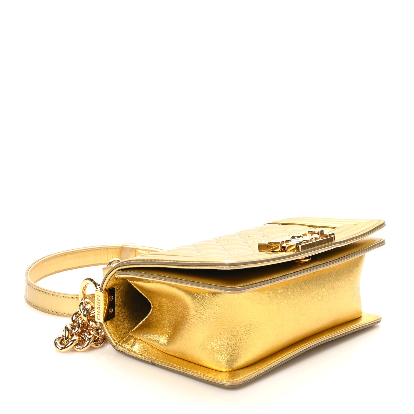 Metallic Patent Calfskin Quilted Small Boy Flap Gold