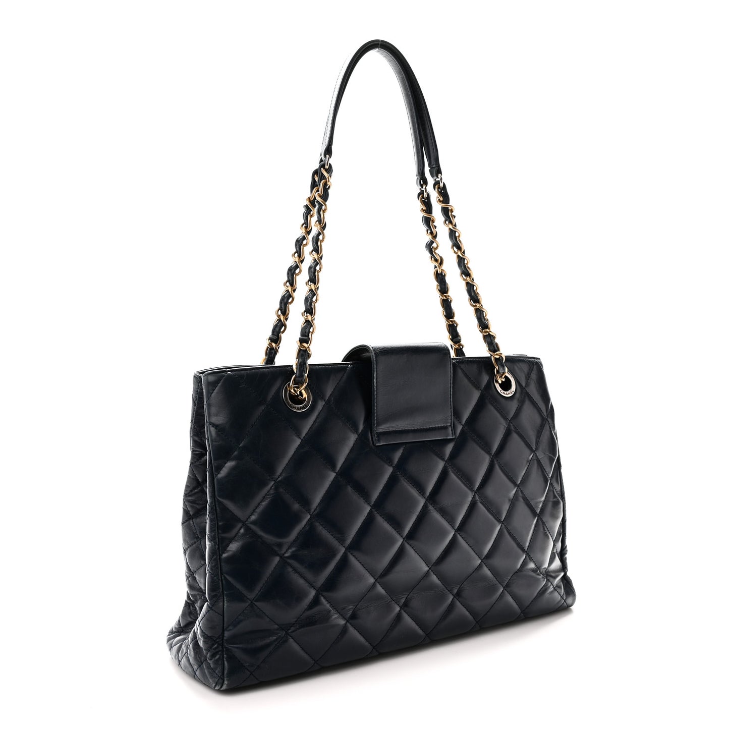 Glazed Calfskin Quilted Daily Walk Tote Navy