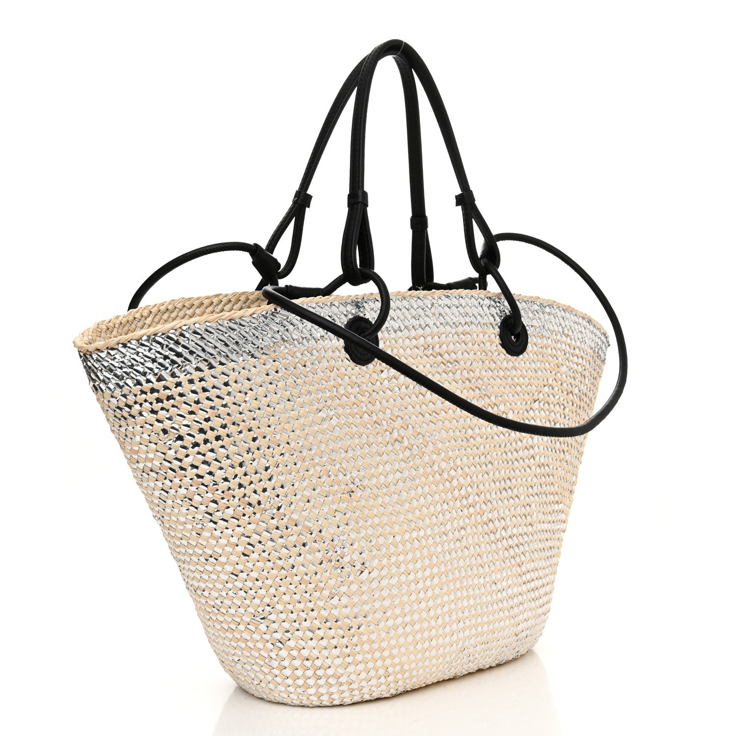 Loewe Calfskin Raffia Paulas Ibiza Sparkling Metallic Anagram Basket Tote Bag Natural Silver 2 of 9