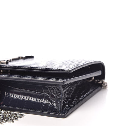 Saint Laurent Calfskin Crocodile Embossed Kate Monogram Tassel Chain Wallet Deep Marine 6 of 9