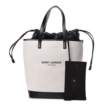 Saint Laurent Canvas Calfskin Teddy Drawstring Shopping Tote White Black 1 of 13