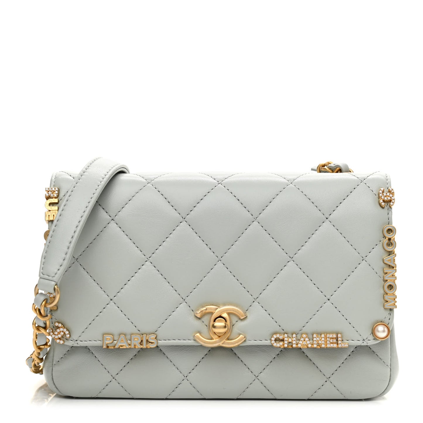 Lambskin Enamel Strass Quilted Mini Paris Monaco Flap Light Grey