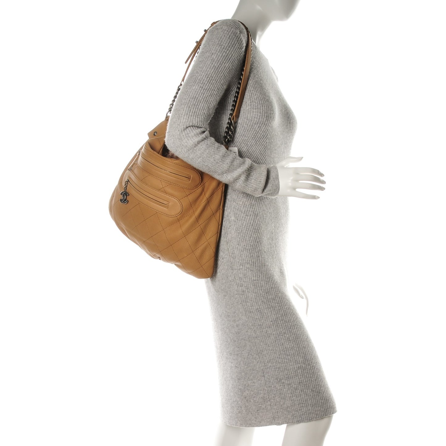 Calfskin Stitched Double Zip Hobo Beige