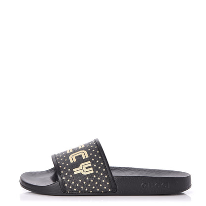 Gucci X SEGA Supreme Canvas GUCCY Stars Womens Slide Sandals 37 Black Gold 1 of 9