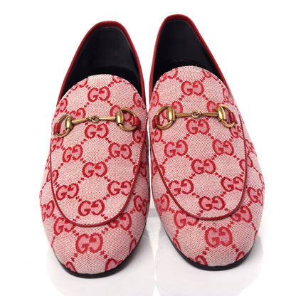 Gucci Canvas GG Monogram Horsebit Womens Jordaan Loafers 38 Gardenia Hibiscus Red 5 of 11