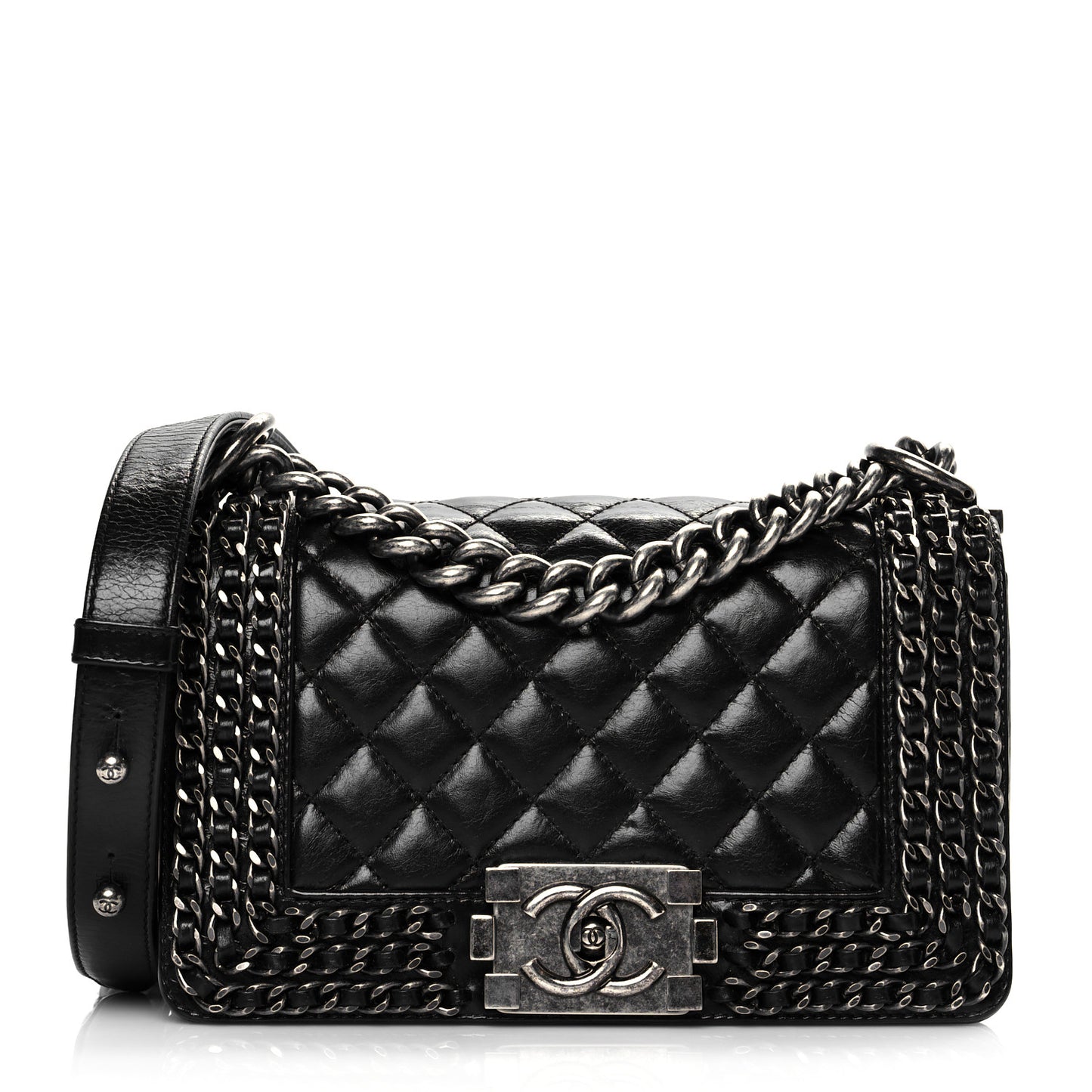 Glazed Calfskin Quilted Small Boy Chained Flap Black