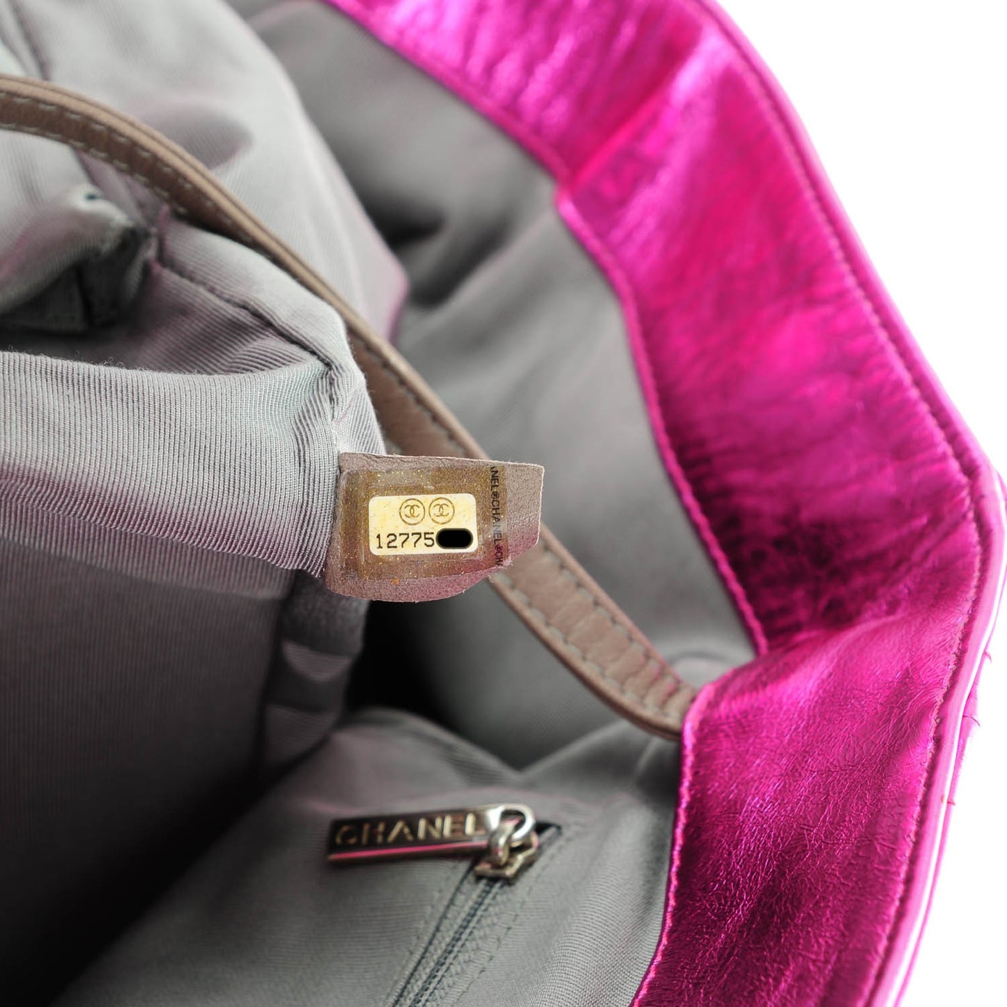 Metallic Cracked Calfskin Modern Chain Tote Fuchsia