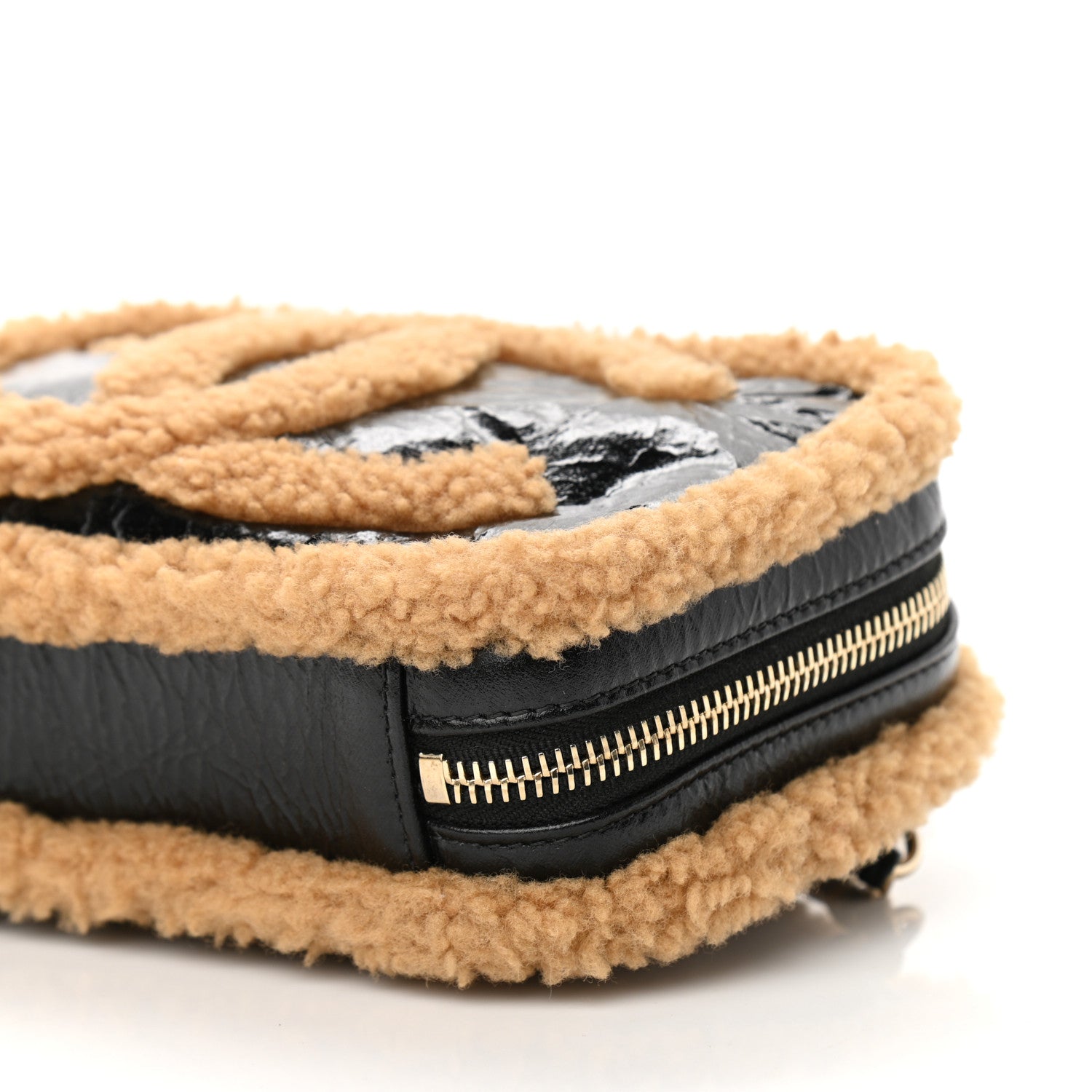 Chanel Shiny Crumpled Sheepskin Shearling CC Mania Waist Bag Black Light Brown 10 of 11