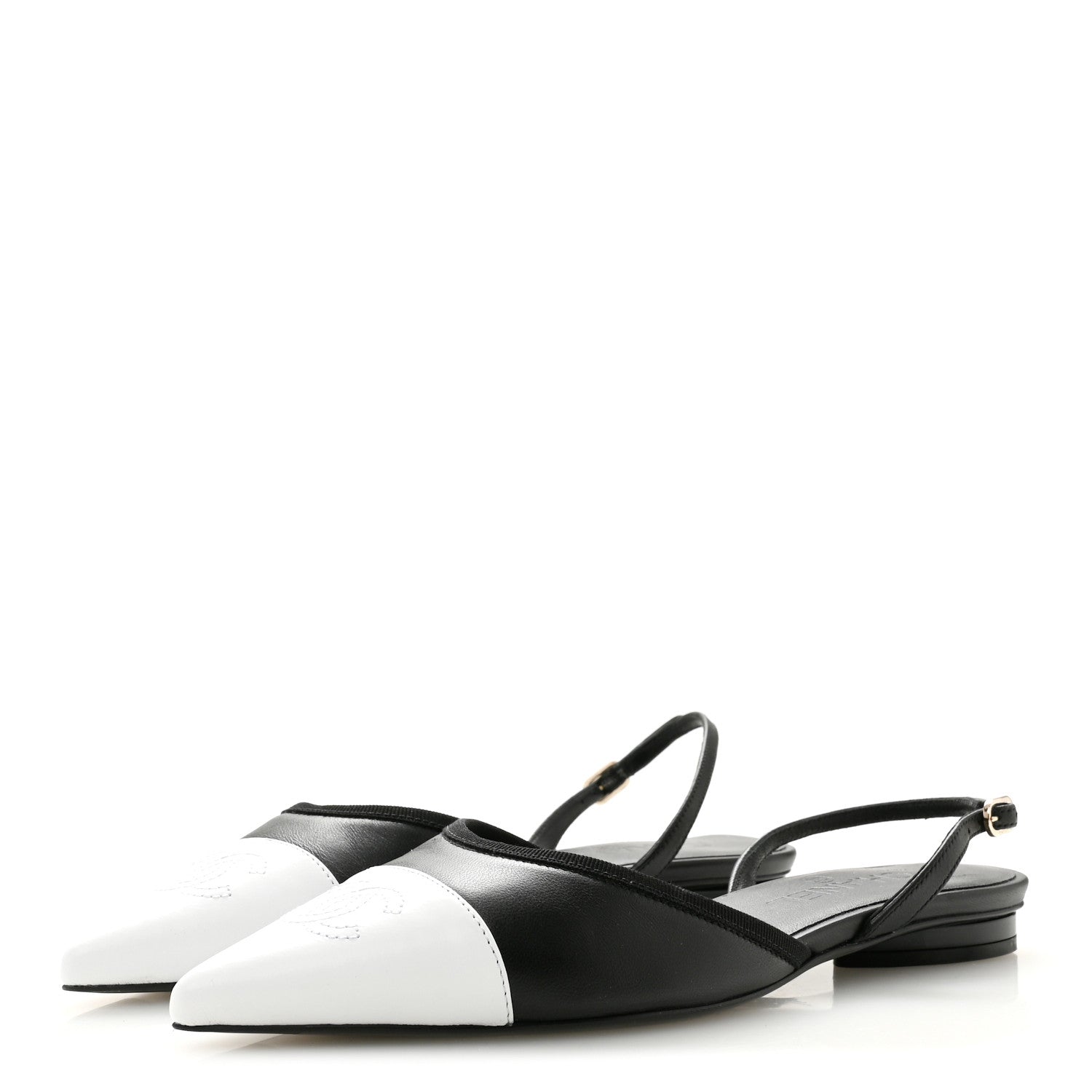 Chanel Iridescent Lambskin Cap Toe CC Slingback Flats 37 Black White 4 of 10