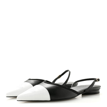 Chanel Iridescent Lambskin Cap Toe CC Slingback Flats 37 Black White 4 of 10