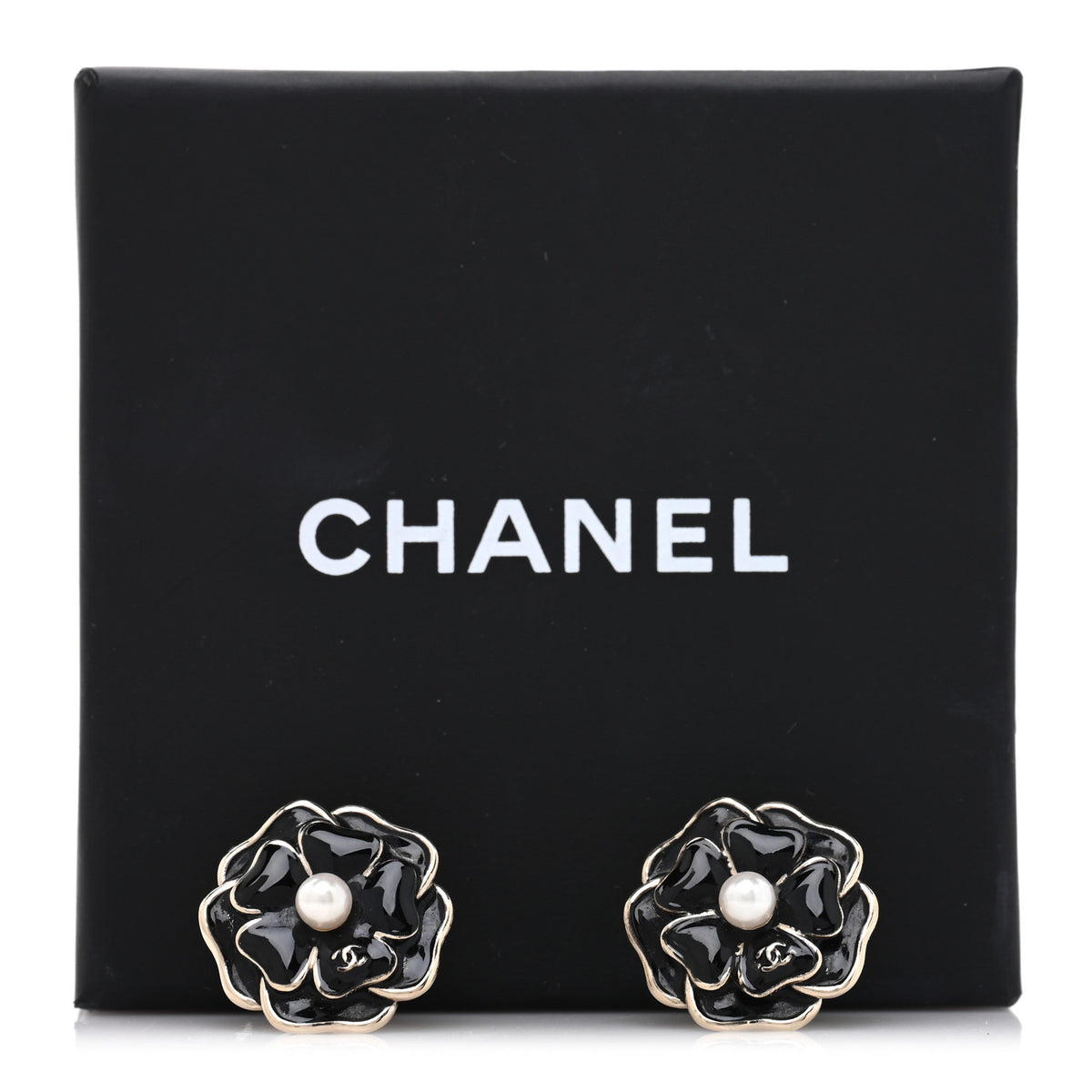 Chanel Metal Resin Pearl CC Camellia Stud Earrings Gold Black 5 of 5