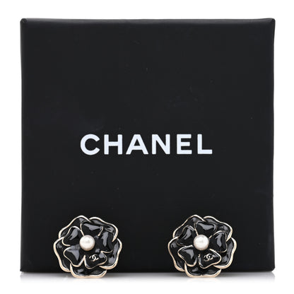 Chanel Metal Resin Pearl CC Camellia Stud Earrings Gold Black 5 of 5
