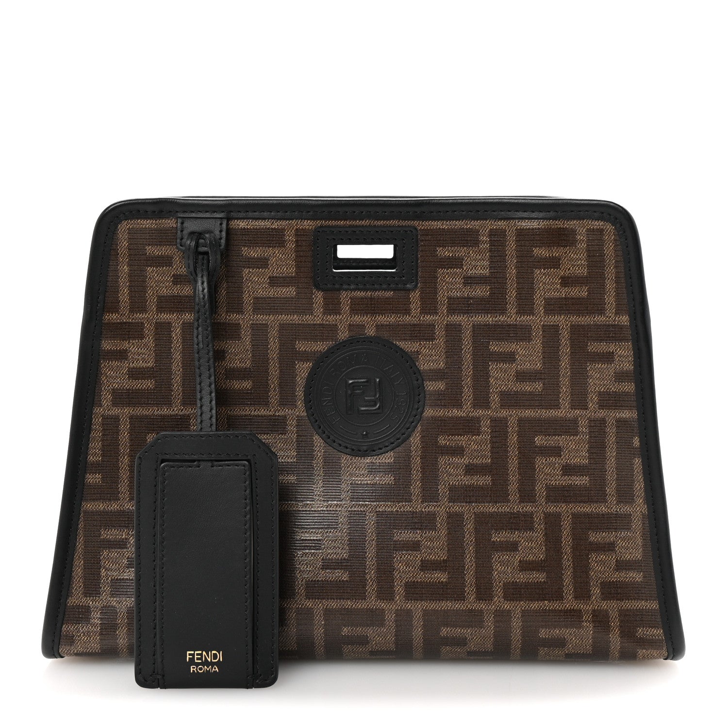 Fendi Glazed Fabric Vitello Century FF 1974 Stamp Patch Mini Peekaboo Defender Cover Mogano Panna Black 1 of 8