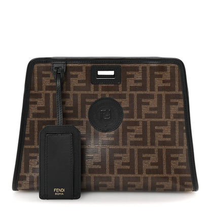 Fendi Glazed Fabric Vitello Century FF 1974 Stamp Patch Mini Peekaboo Defender Cover Mogano Panna Black 1 of 8