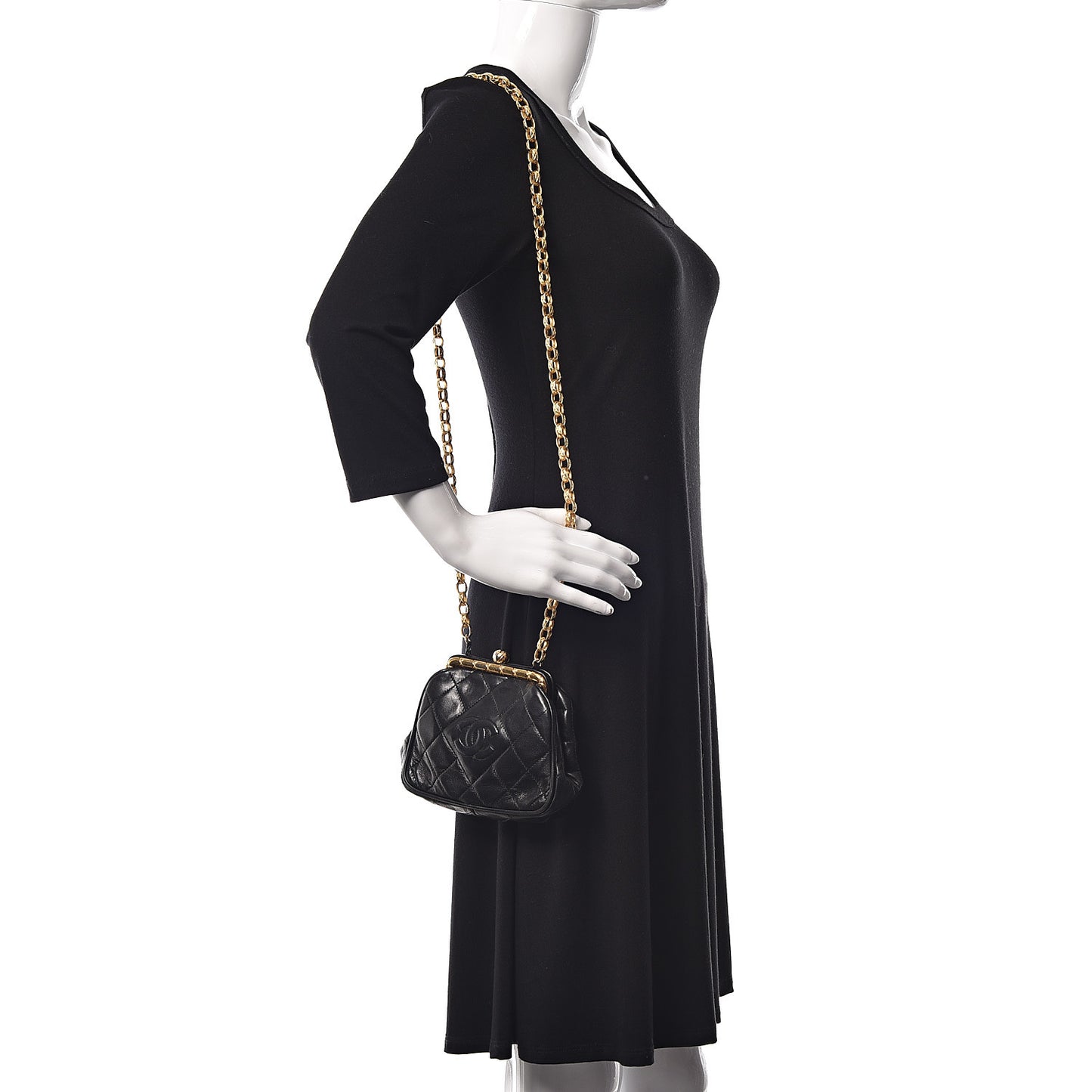 Lambskin Quilted CC Small Kisslock Evening Bag Black
